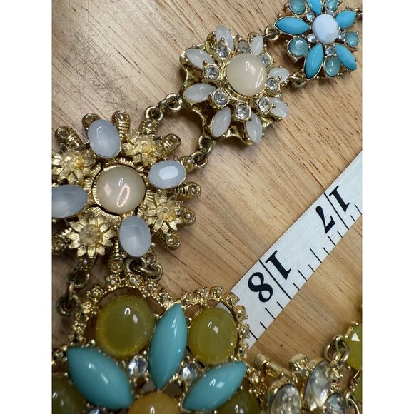 Floral Statement Necklace Yellow & Turquoise Beaded Design Gold Chain Adjustable - Picture 7 of 12